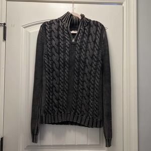 Men's Stylish Black and Gray Cable Knit Zip-Up Sweater